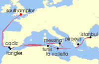 Cruise itinerary map for P & O Cruises 21 Night Eastern Mediterranean Discovery (139754)