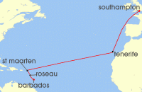 Cruise itinerary map for P & O Cruises 13 Night Caribbean Transatlantic (139605)