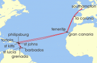 Cruise itinerary map for P & O Cruises 35 Night Caribbean Winter Warmth (127251)