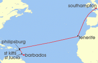 Cruise itinerary map for P & O Cruises 14 Night Caribbean Transatlantic (87131)
