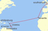 Cruise itinerary map for P & O Cruises 15 Night Caribbean Transatlantic (114197)