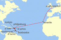 Cruise itinerary map for P & O Cruises 22 Night Caribbean Transatlantic (101508)