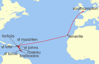 Cruise itinerary map for P & O Cruises 22 Night Caribbean Transatlantic (139186)