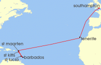 Cruise itinerary map for P & O Cruises 17 Night Caribbean Transatlantic (139191)