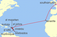 Cruise itinerary map for P & O Cruises 21 Night Caribbean Transatlantic (139608)