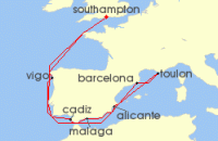 Cruise itinerary map for P & O Cruises 14 Night Mediterranean - Spain And France (135921)