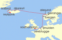 Cruise itinerary map for Norwegian Cruise Line 10 Night Europe from London to Reykjavik: Iceland, Norway & Belgium (136815)