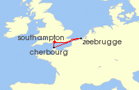 Cruise itinerary map for Cunard Line 4 Night Zeebrugge And Cherbourg (91137)