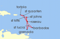 Cruise itinerary map for P & O Cruises 14 Night Eastern Caribbean Islands Fly-Cruise (139175)