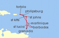 Cruise itinerary map for P & O Cruises 14 Night Eastern Caribbean Islands Fly-Cruise (120645)