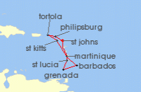 Cruise itinerary map for P & O Cruises 14 Night Eastern Caribbean Islands Fly-Cruise (101515)