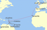 Cruise itinerary map for P & O Cruises 21 Night Caribbean Transatlantic (139594)
