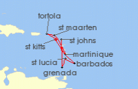 Cruise itinerary map for P & O Cruises 14 Night Eastern Caribbean Islands Fly-Cruise (139596)
