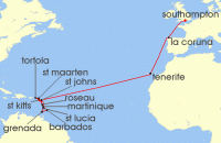 Cruise itinerary map for P & O Cruises 26 Night Caribbean Transatlantic (139593)
