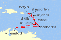 Cruise itinerary map for P & O Cruises 14 Night Eastern Caribbean Islands Fly-Cruise (139180)