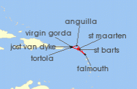 Cruise itinerary map for Windstar Cruises 7 Night Beach Fun & Sun: A Remote Caribbean Getaway (130693)