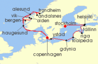 Cruise itinerary map for Silversea Cruises 17 Night Stockholm To Copenhagen (140746)
