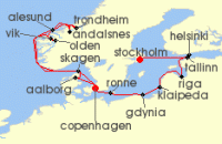 Cruise itinerary map for Silversea Cruises 17 Night Stockholm To Copenhagen (133543)