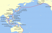 Cruise itinerary map for Oceania Cruises 68 Night Epic Reefs to Icy Glaciers Sydney to Vancouver (134568)