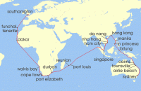 Cruise itinerary map for Cunard Line 65 Night Sydney To Southampton (131957)