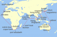 Cruise itinerary map for P & O Cruises 78 Night Sydney to Southampton (139479)
