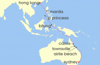 Cruise itinerary map for Cunard Line 19 Night Sydney To Hong Kong (131160)