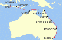 Cruise itinerary map for Oceania Cruises 14 Night Outback to Verdant Bali Sydney to Bali (131330)
