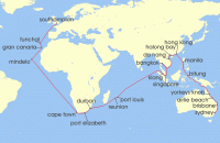 Cruise itinerary map for Cunard Line 65 Night Sydney To Southampton (140641)