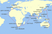 Cruise itinerary map for Costa Cruises 74 Night World Cruise from Sydney (133392)