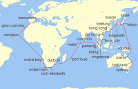 Cruise itinerary map for Costa Cruises 72 Night World Tour from Sydney (136369)