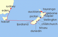 Cruise itinerary map for Azamara Cruises 15 Night Cruise Australia & New Zealand Cruise: Hobart, Wellington & Tauranga (129889)
