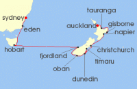Cruise itinerary map for Silversea Cruises 15 Night Sydney To Auckland (140568)