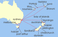 Cruise itinerary map for Princess Cruises 36 Night New Zealand, Tasmania & Fiji (141311)