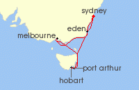 Cruise itinerary map for Princess Cruises 8 Night Tasmania (127696)
