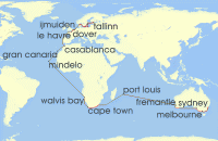 Cruise itinerary map for Princess Cruises 55 Night World Cruise Liner - Sydney to London (Dover) (129438)