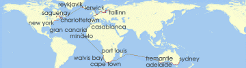 Cruise itinerary map for Princess Cruises 77 Night World Cruise Liner - Sydney to New York (129559)