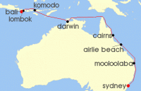 Cruise itinerary map for Oceania Cruises 15 Night Koalas to Komodos Sydney to Bali (132999)