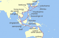 Cruise itinerary map for Oceania Cruises 59 Night Aussie & Eastern Traditions Sydney to Singapore (133000)