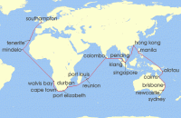 Cruise itinerary map for P & O Cruises 65 Night Sydney to Southampton (129809)
