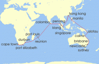 Cruise itinerary map for P & O Cruises 48 Night Sydney to Cape Town (137020)