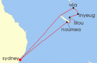 Cruise itinerary map for Carnival Cruises 10 Night Vanuatu & New Caledonia (126023)