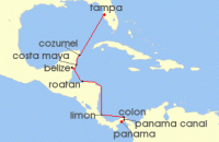 Cruise itinerary map for Oceania Cruises 10 Night Palms & Panama Canal Tampa to Panama City (120335)