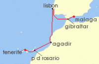 Cruise itinerary map for P & O Cruises 10 Night Christmas In Spain Portugal Canary Islands (141395)
