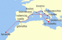 Cruise itinerary map for P & O Cruises 19 Night Canary Islands And Mediterranean (121136)