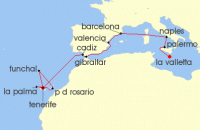 Cruise itinerary map for P & O Cruises 19 Night Canary Islands And Mediterranean Fly-Cruise (118553)
