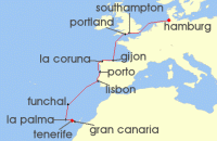 Cruise itinerary map for AIDA 13 Nacht Von Teneriffa uber Portugal nach Hamburg (134947)
