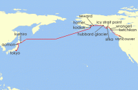 Cruise itinerary map for Crystal Cruises 18 Night Alaska - Tokyo To Vancouver (129260)