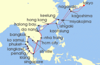 Cruise itinerary map for Princess Cruises 42 Night Japan & Southeast Asia Grand Adventure (136614)