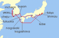 Cruise itinerary map for Holland America Line 15 Night Japan & South Korea Discovery (129993)