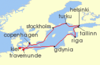 Cruise itinerary map for Hapag Lloyd 12 Night The Classics Of The Mare Balticum (Travemunde - Kiel) (119657)